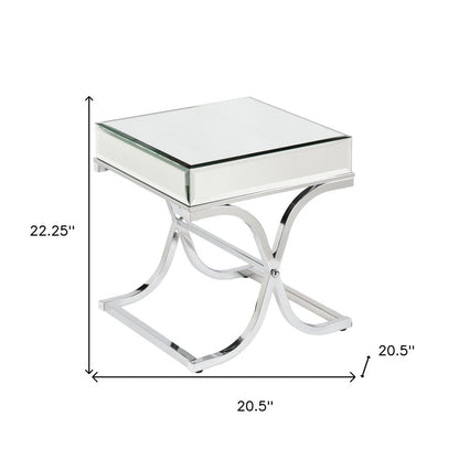 22" Clear And Silver Mirrored Glass And Iron Square Cross Legs End Table