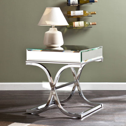 22" Clear And Silver Mirrored Glass And Iron Square Cross Legs End Table