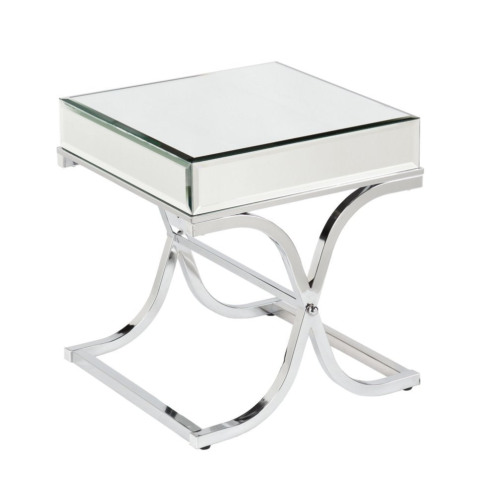 22" Clear And Silver Mirrored Glass And Iron Square Cross Legs End Table