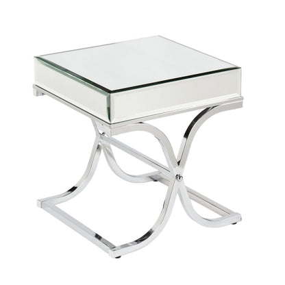 22" Clear And Silver Mirrored Glass And Iron Square Cross Legs End Table