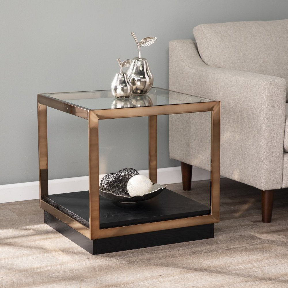 22" Champagne Glass And Iron Square Block End Table With Shelf