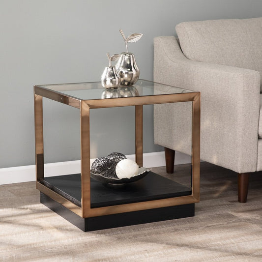 22" Champagne Glass And Iron Square Block End Table With Shelf
