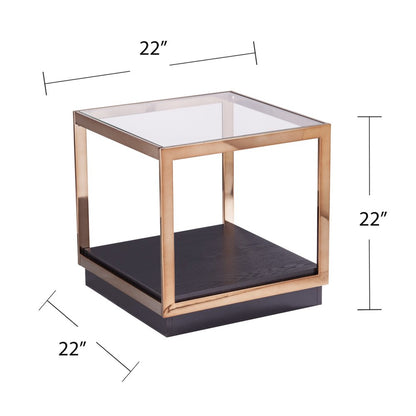 22" Champagne Glass And Iron Square Block End Table With Shelf