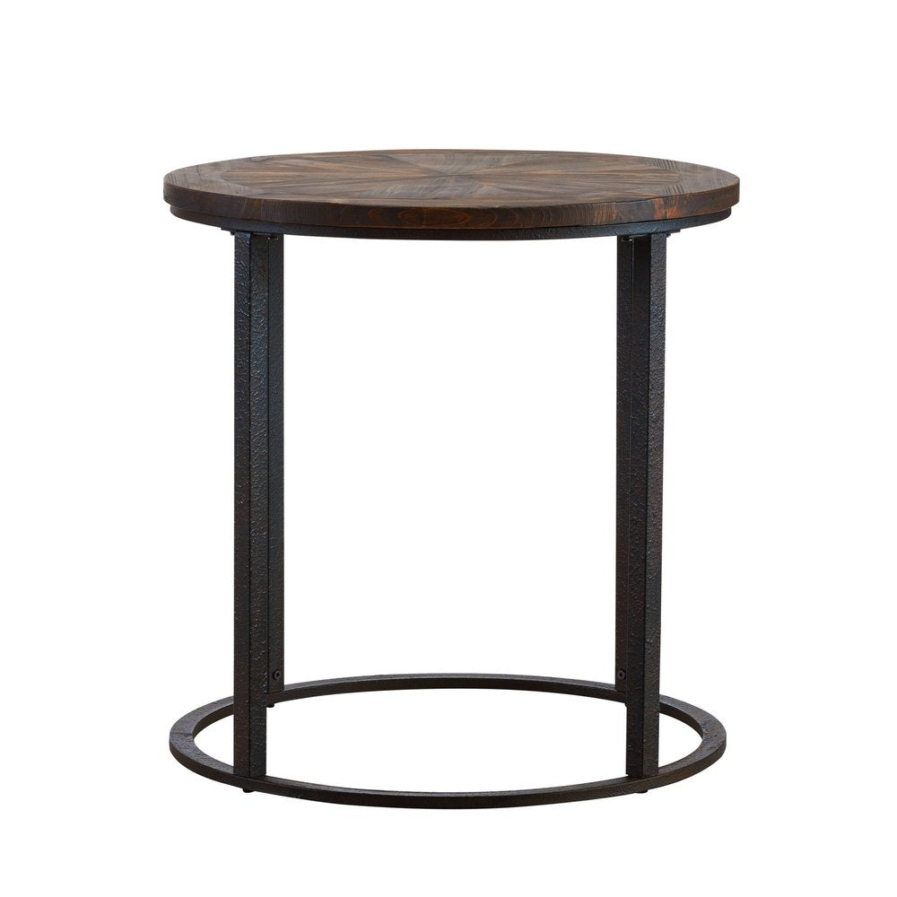 24" Natural Solid Wood And Iron Round Sled End Table