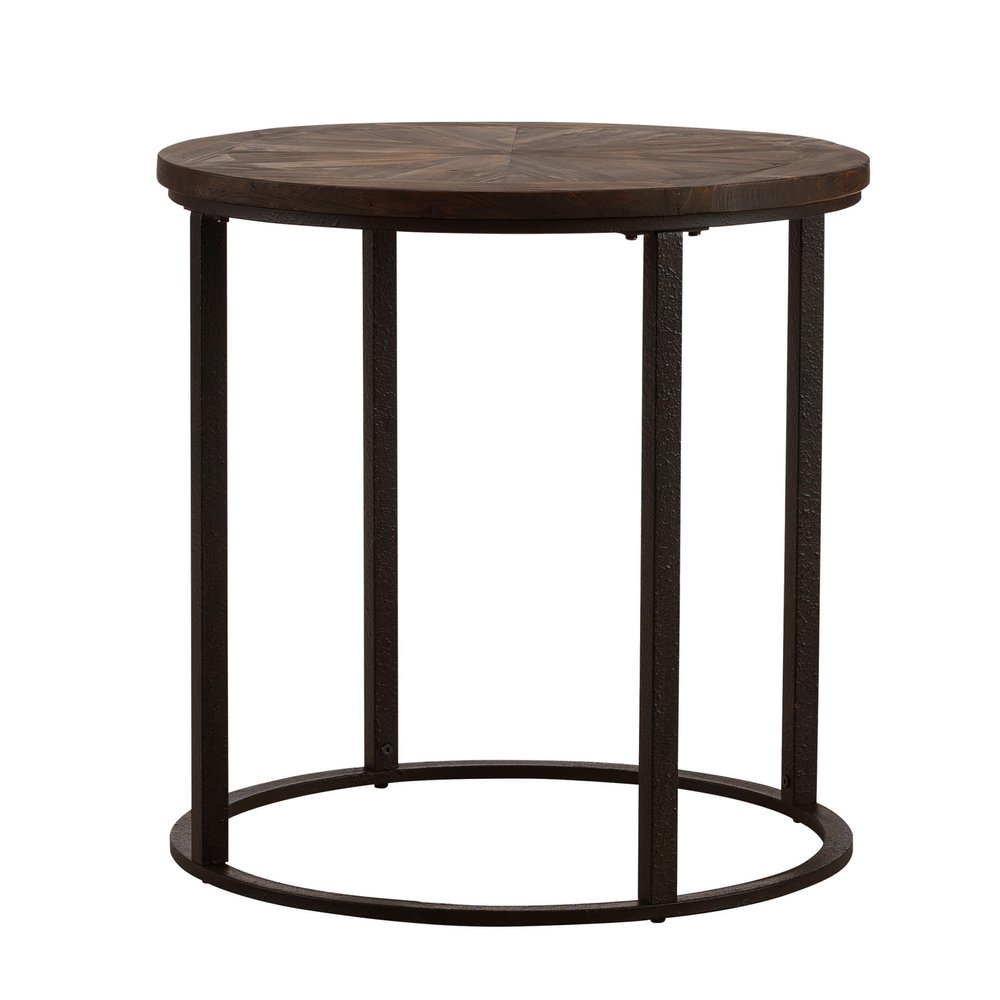 24" Natural Solid Wood And Iron Round Sled End Table