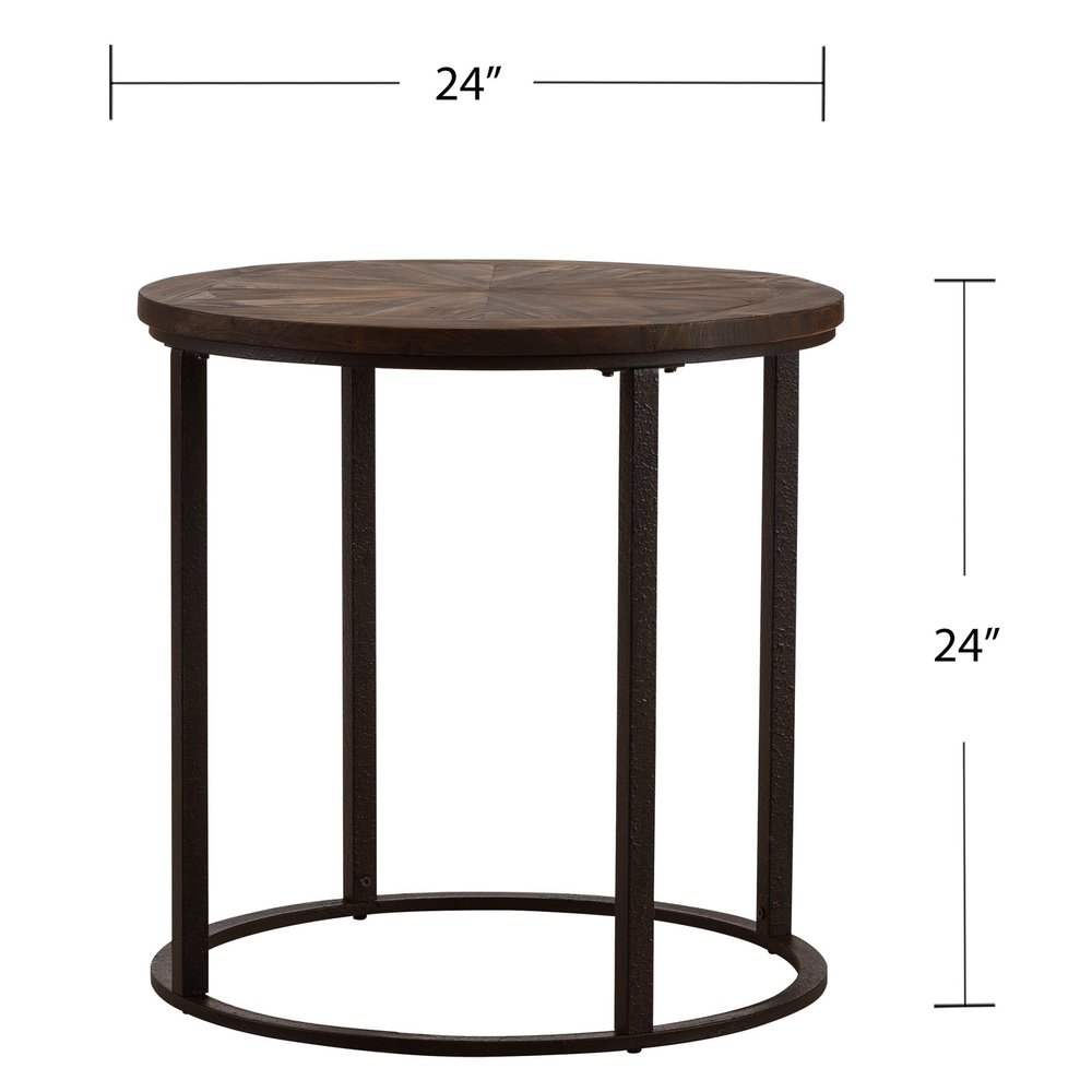 24" Natural Solid Wood And Iron Round Sled End Table