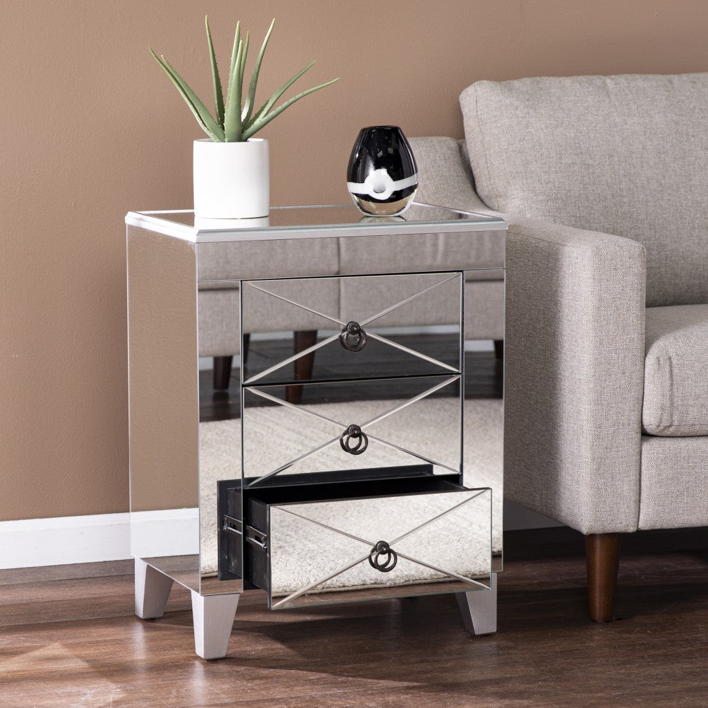 26" Silver End Table With Three Drawers