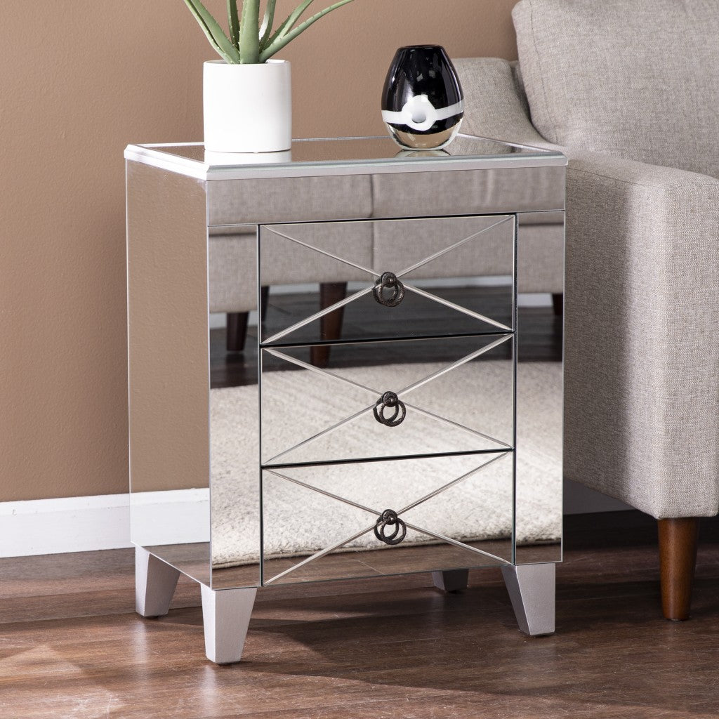 26" Silver End Table With Three Drawers