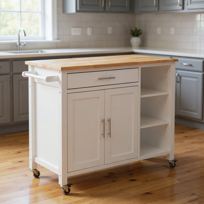 42" Natural and White Butcher Block and Iron Rolling Kitchen Cart With Storage