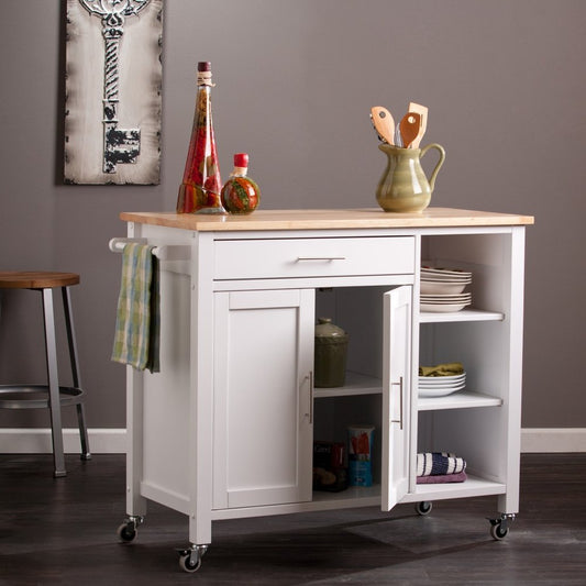 42" Natural and White Butcher Block and Iron Rolling Kitchen Cart With Storage