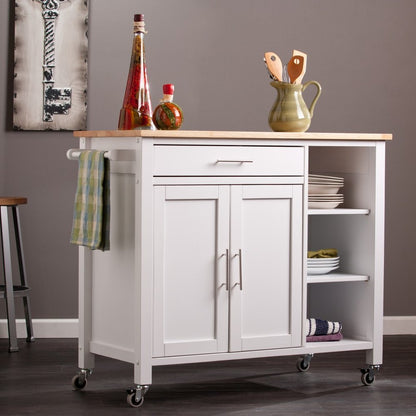 42" Natural and White Butcher Block and Iron Rolling Kitchen Cart With Storage
