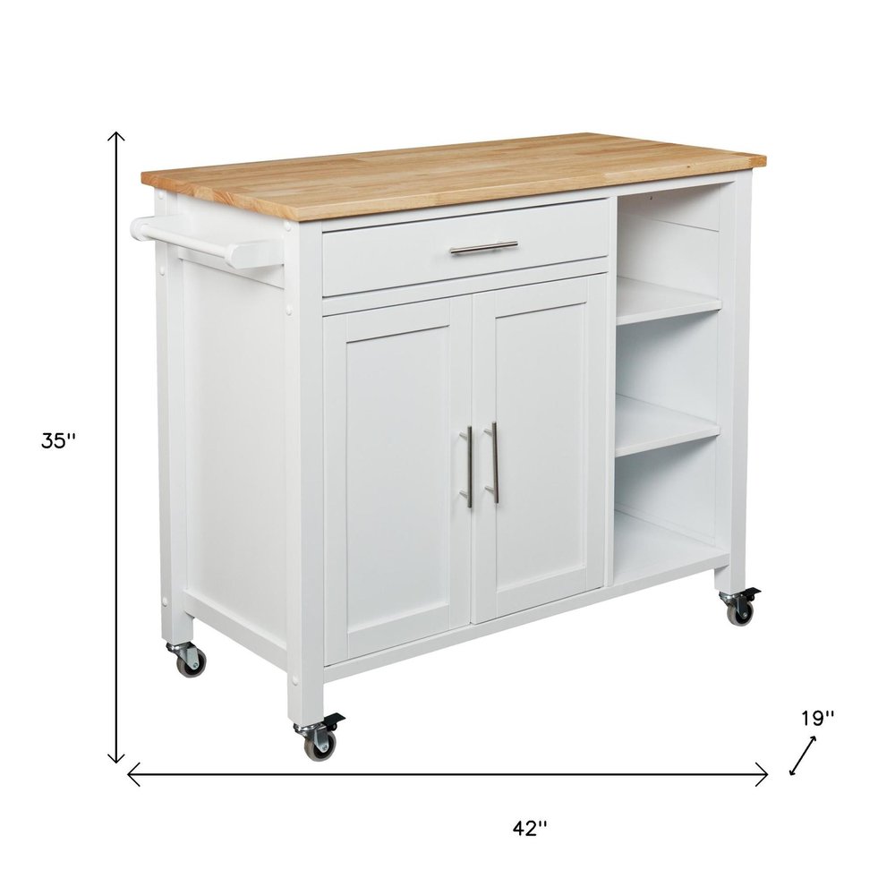 42" Natural and White Butcher Block and Iron Rolling Kitchen Cart With Storage