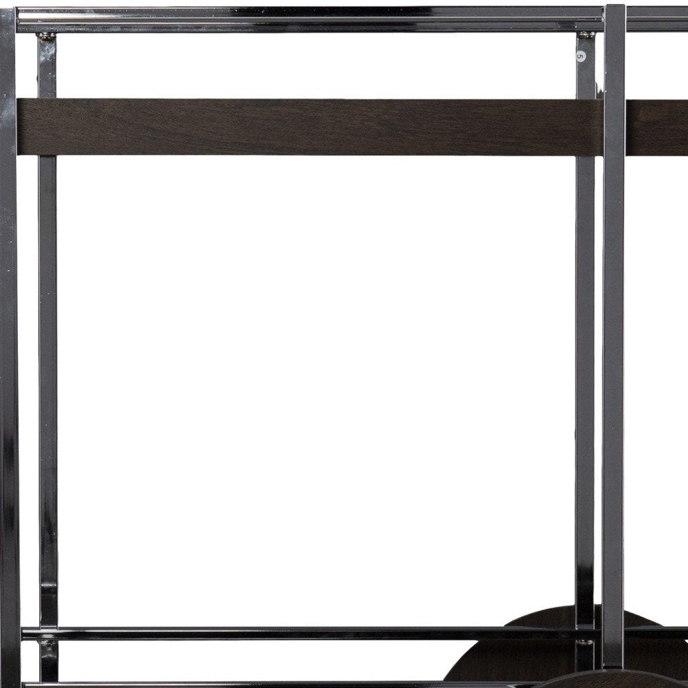 34" Brown And Silver Iron and Wood Rolling Bar Cart