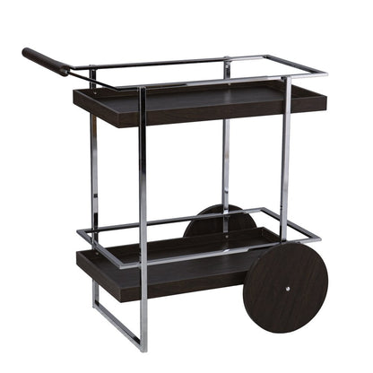 34" Brown And Silver Iron and Wood Rolling Bar Cart