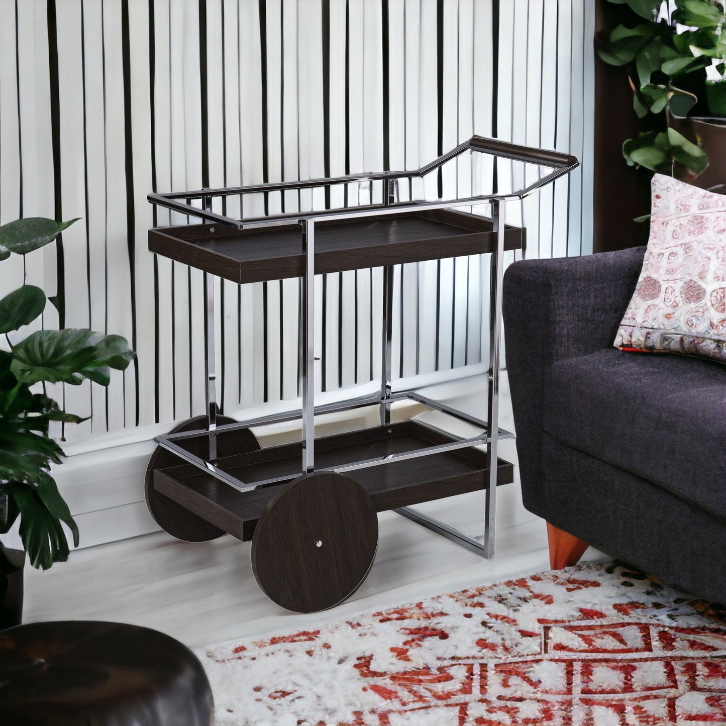 Brown and Silver Iron Rolling Bar Cart