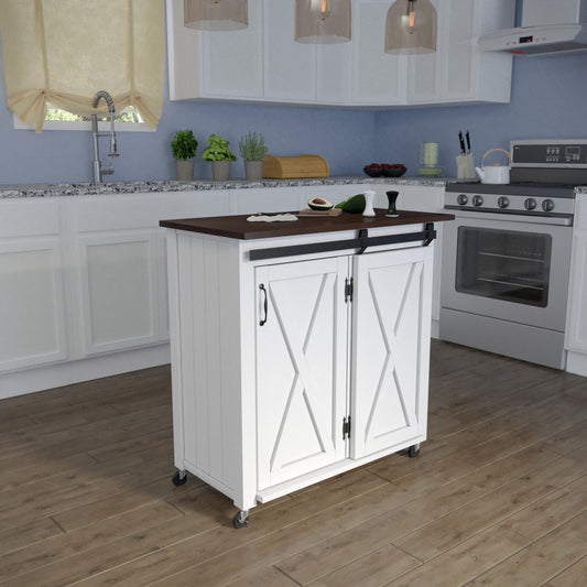 White and Brown 35" Rolling Kitchen Cart