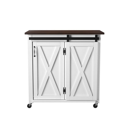35" Dark Brown and White Wood Rolling Kitchen Cart