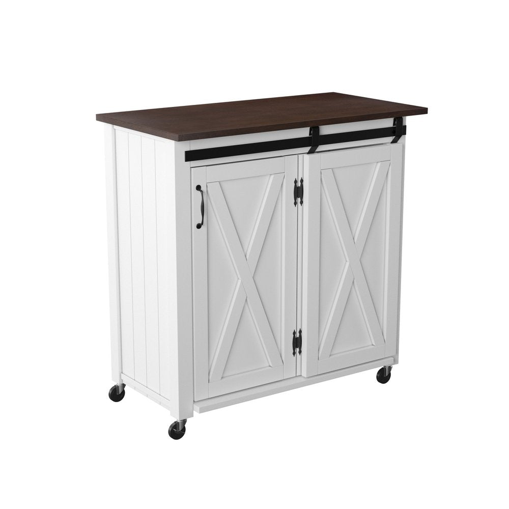 35" Dark Brown and White Wood Rolling Kitchen Cart