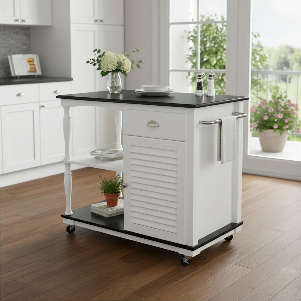 Black and White and Black 39" Rolling Kitchen Island With Storage