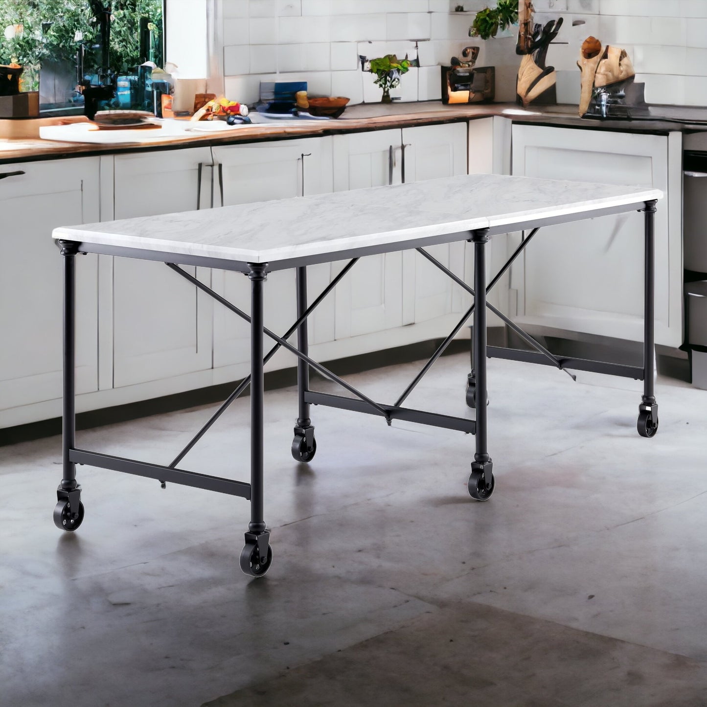 Black and White 70" Rolling Kitchen Island