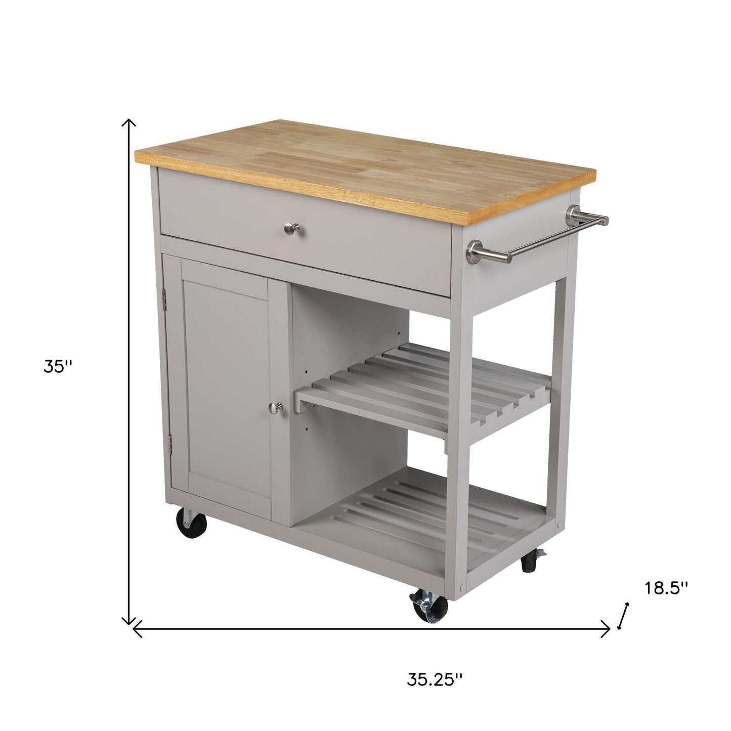 Gray and Natural 35" Rolling Kitchen Island With Storage