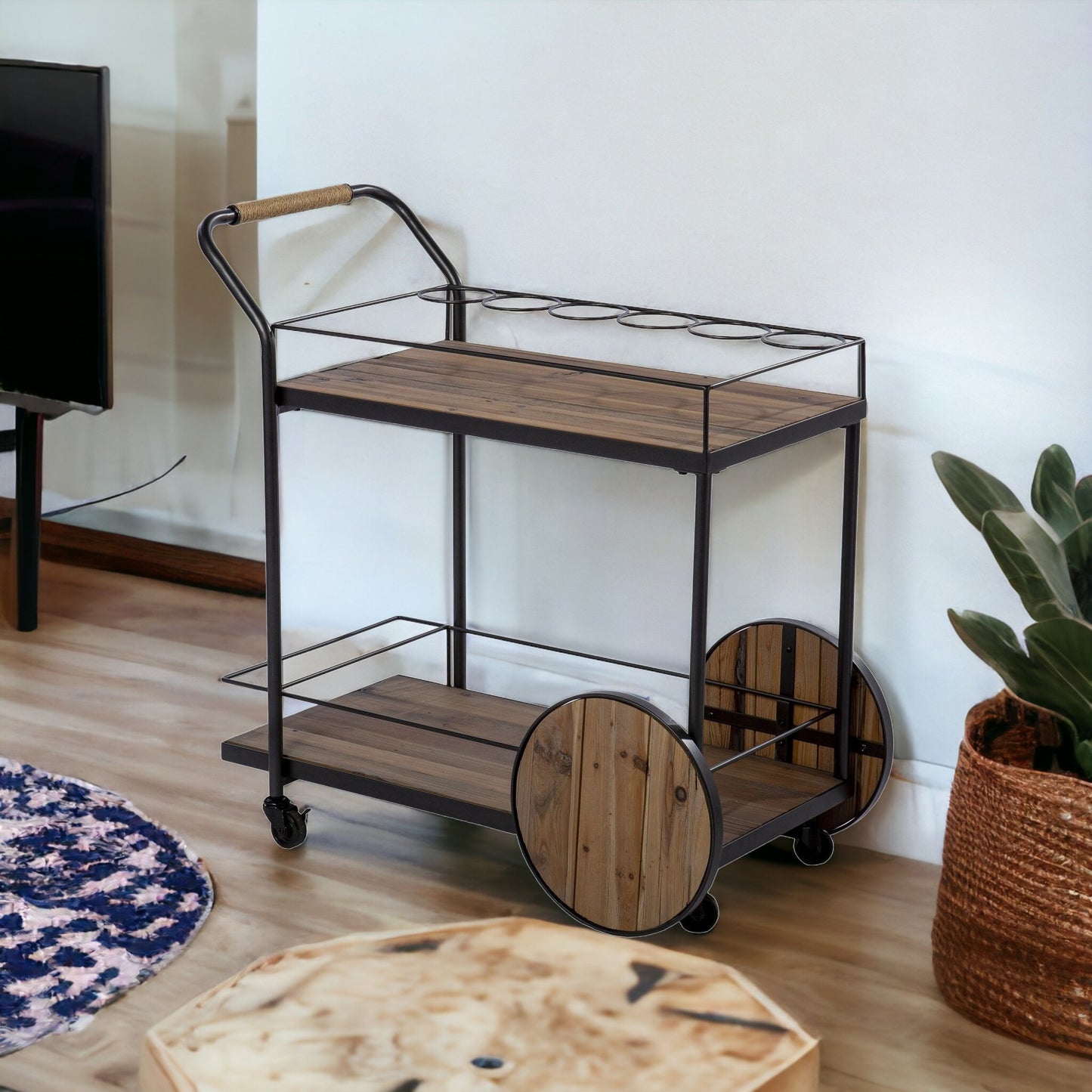 Natural and Black Iron And Reclaimed Wood Rolling Bar Cart With Wine Storage