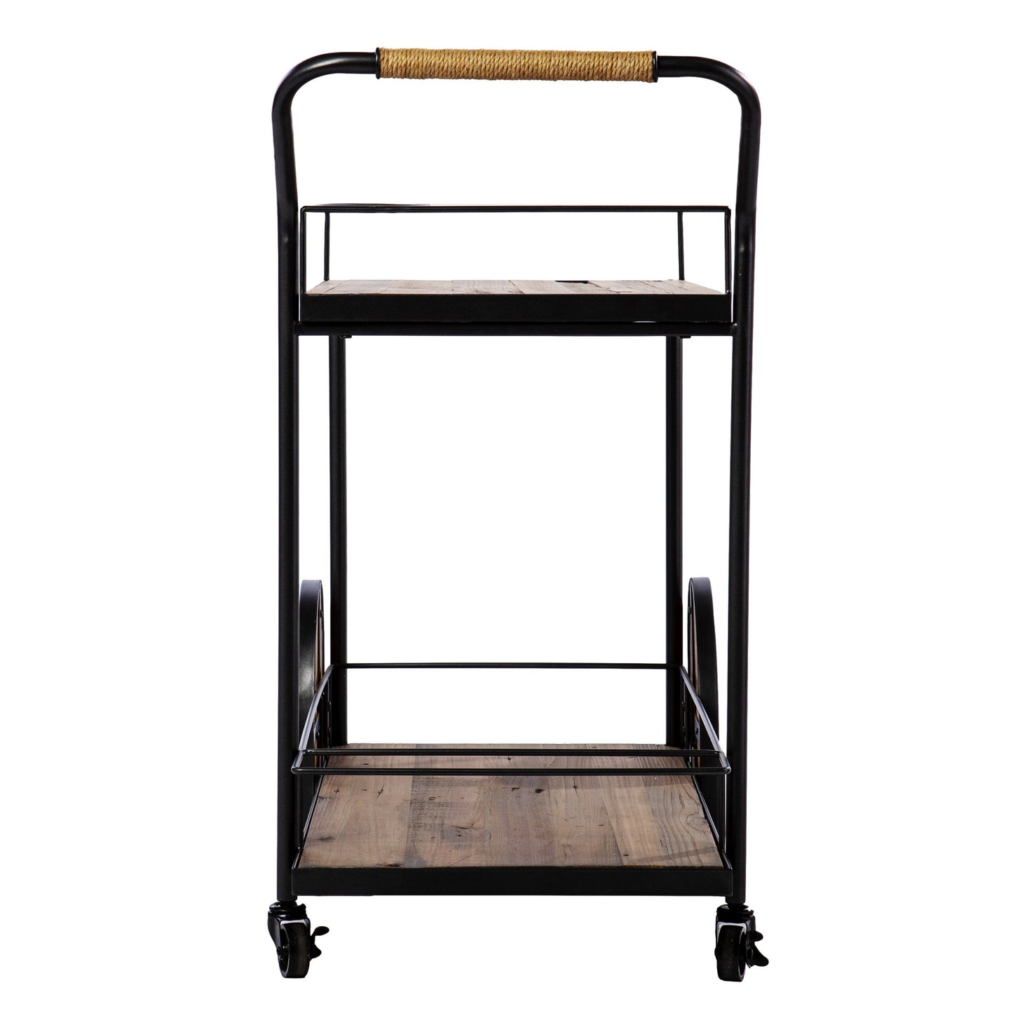 Natural and Black Iron And Reclaimed Wood Rolling Bar Cart With Wine Storage