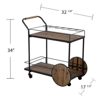 Natural and Black Iron And Reclaimed Wood Rolling Bar Cart With Wine Storage