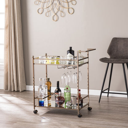 Champagne Metal And Mirrored Glass Rolling Bar Cart With Wine Storage