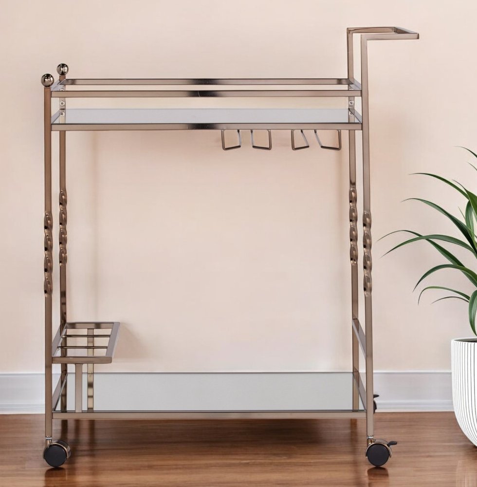 Champagne Metal And Mirrored Glass Rolling Bar Cart With Wine Storage