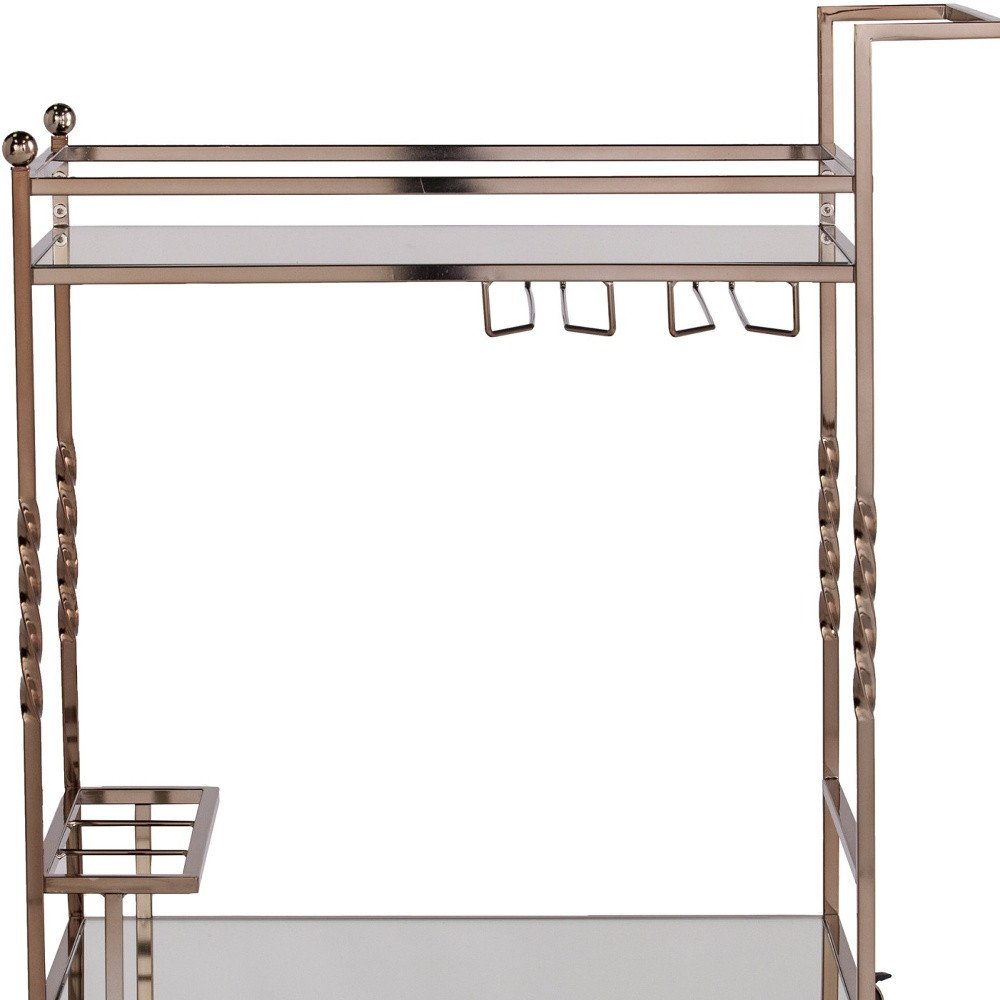 Champagne Metal And Mirrored Glass Rolling Bar Cart With Wine Storage
