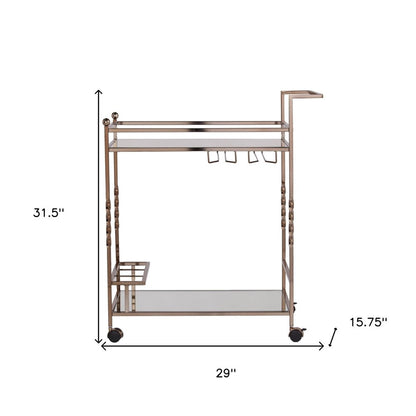Champagne Metal And Mirrored Glass Rolling Bar Cart With Wine Storage