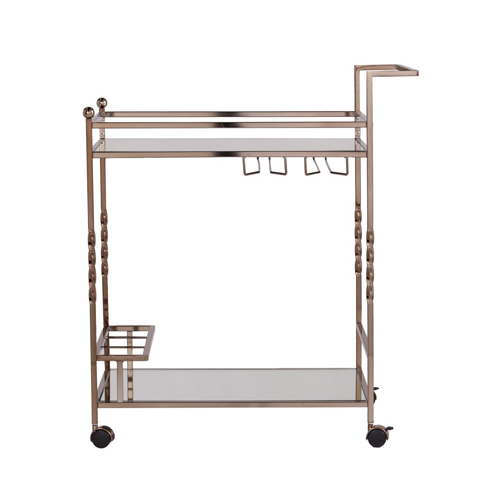 Champagne Metal And Mirrored Glass Rolling Bar Cart With Wine Storage