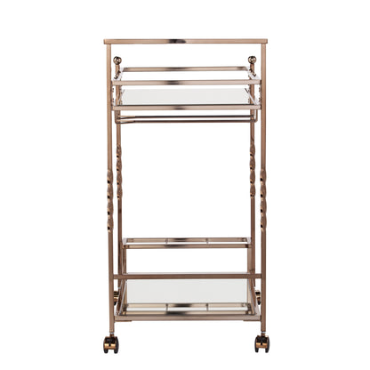 Champagne Metal And Mirrored Glass Rolling Bar Cart With Wine Storage