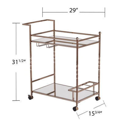Champagne Metal And Mirrored Glass Rolling Bar Cart With Wine Storage