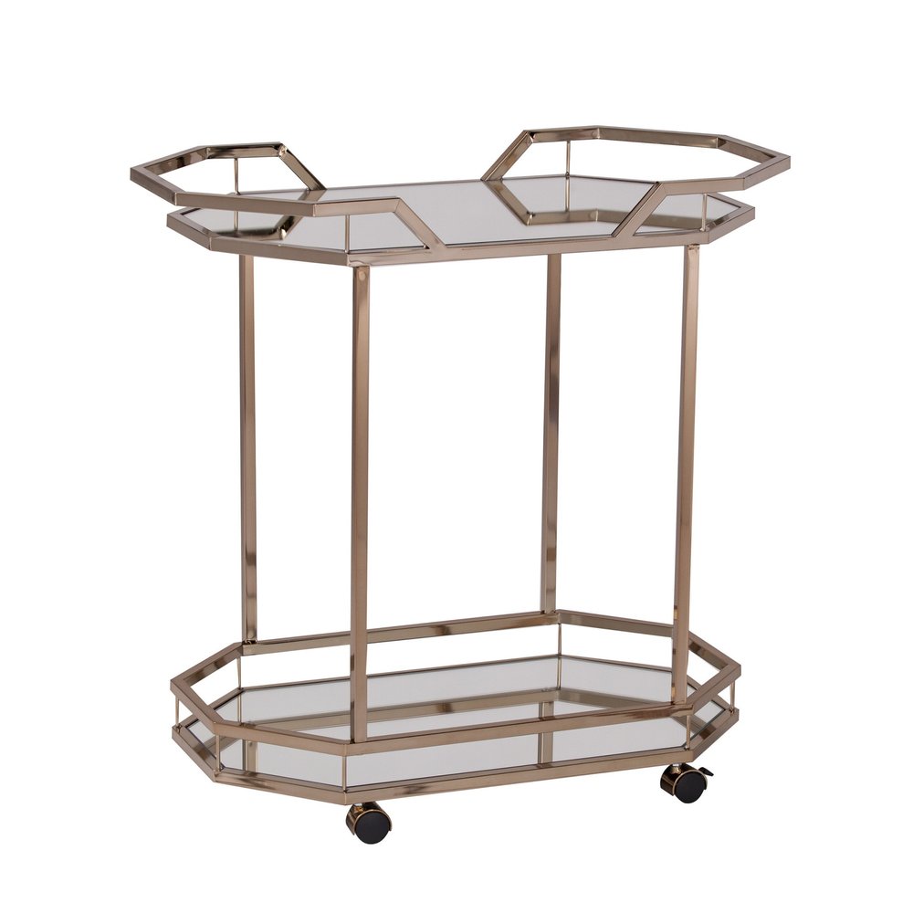 31" Champagne Iron and Mirrored Glass Octagonal Rolling Bar Cart