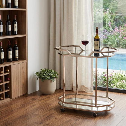 31" Champagne Iron and Mirrored Glass Octagonal Rolling Bar Cart