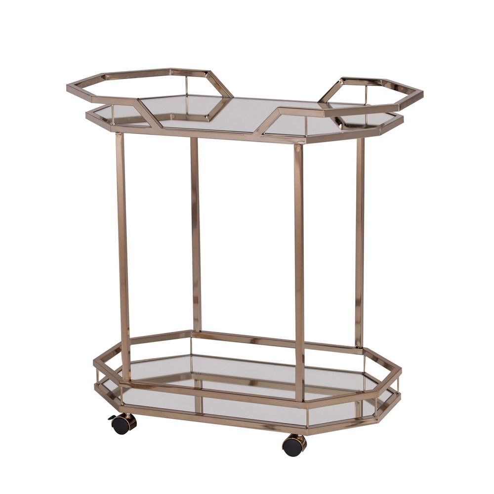 31" Champagne Iron and Mirrored Glass Octagonal Rolling Bar Cart