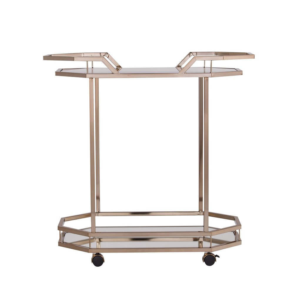 31" Champagne Iron and Mirrored Glass Octagonal Rolling Bar Cart