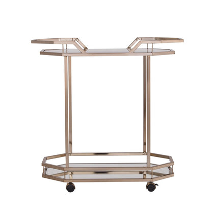 31" Champagne Iron and Mirrored Glass Octagonal Rolling Bar Cart