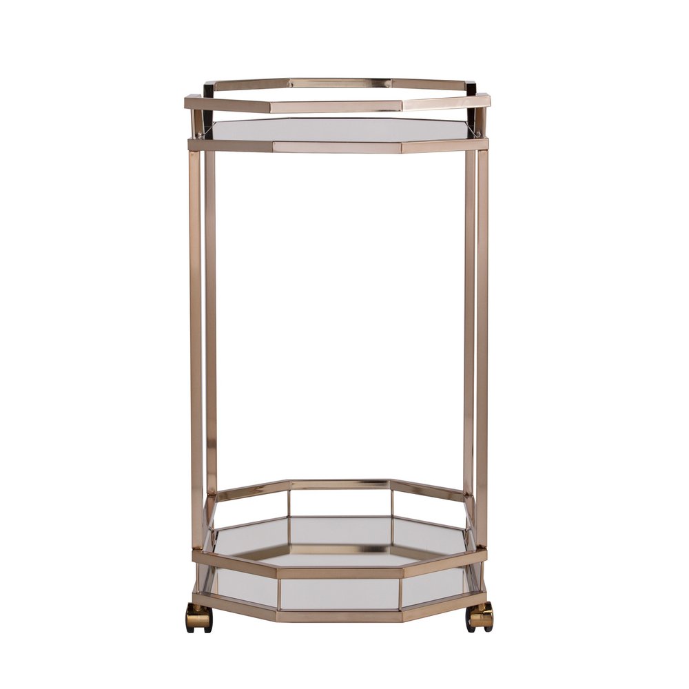 31" Champagne Iron and Mirrored Glass Octagonal Rolling Bar Cart