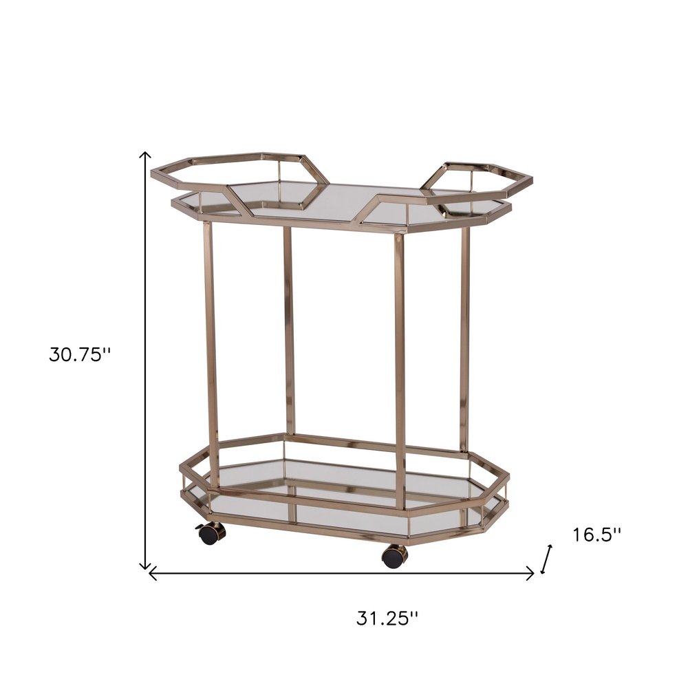 31" Champagne Iron and Mirrored Glass Octagonal Rolling Bar Cart