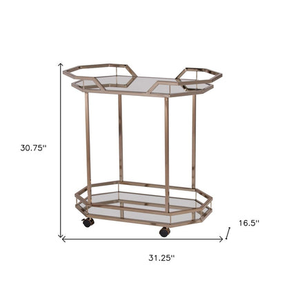 31" Champagne Iron and Mirrored Glass Octagonal Rolling Bar Cart