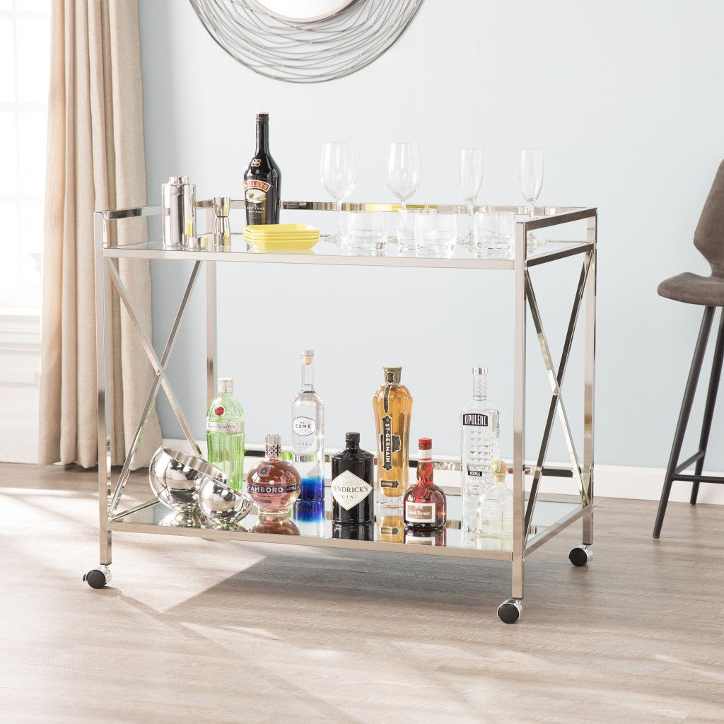 Silver Metal And Mirrored Glass Bar Cart