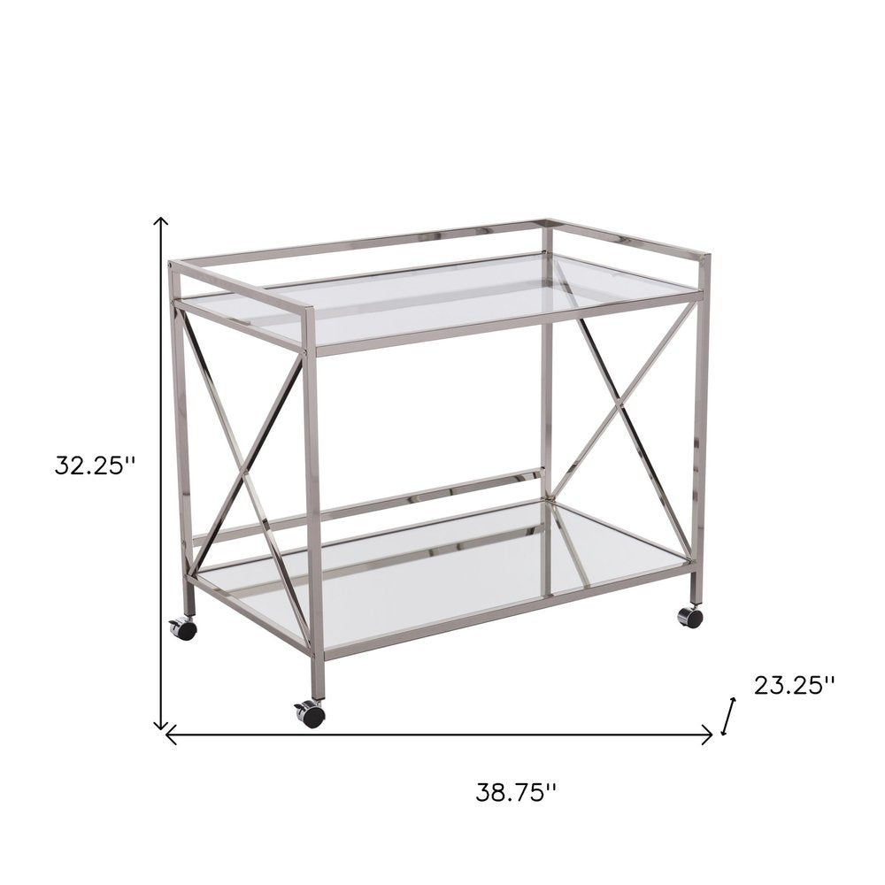 39" Silver Metal and Glass Rolling Bar Cart