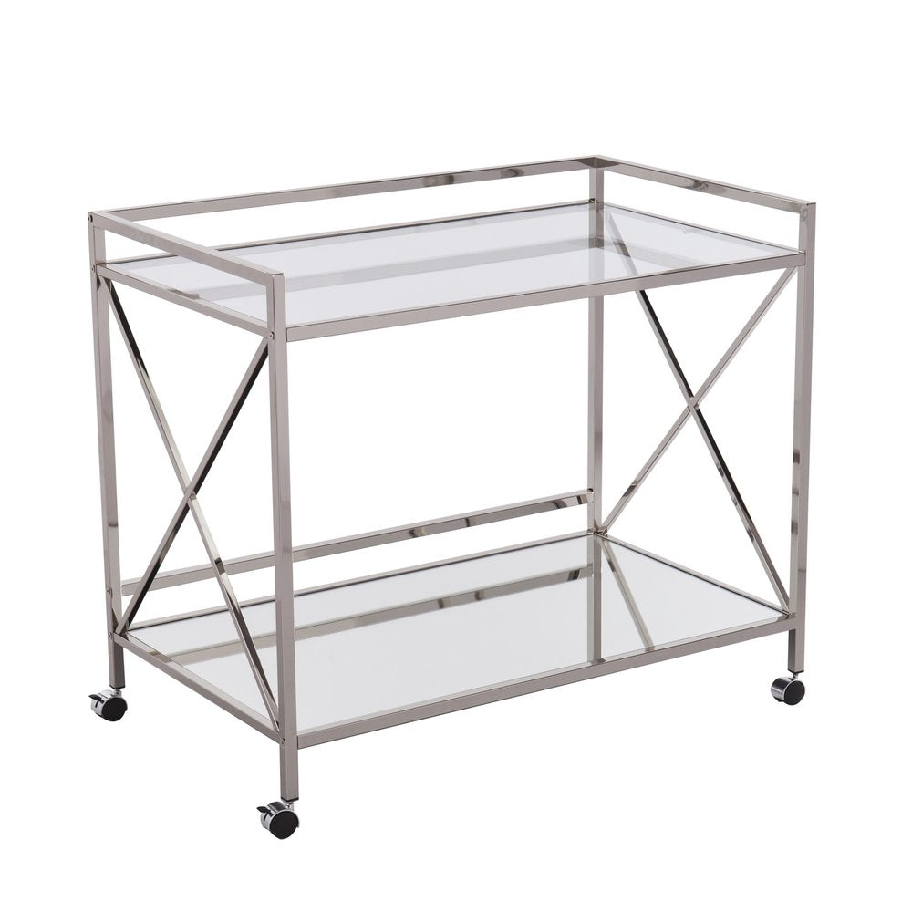 39" Silver Metal and Glass Rolling Bar Cart