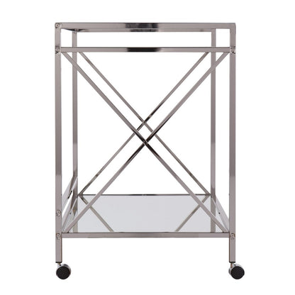 39" Silver Metal and Glass Rolling Bar Cart