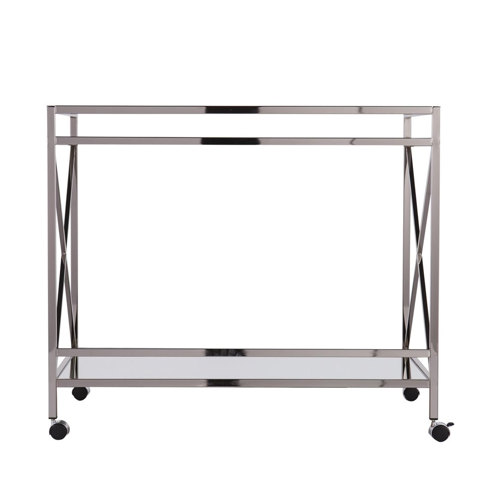 39" Silver Metal and Glass Rolling Bar Cart