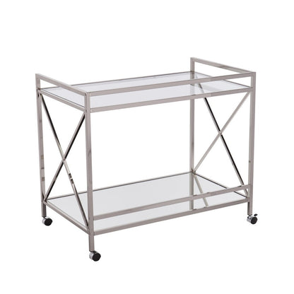 39" Silver Metal and Glass Rolling Bar Cart