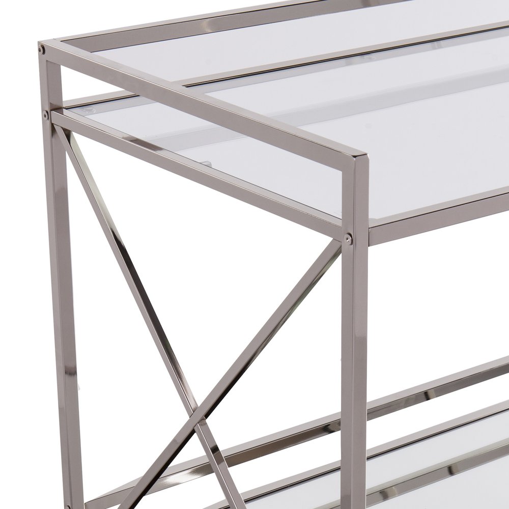 39" Silver Metal and Glass Rolling Bar Cart